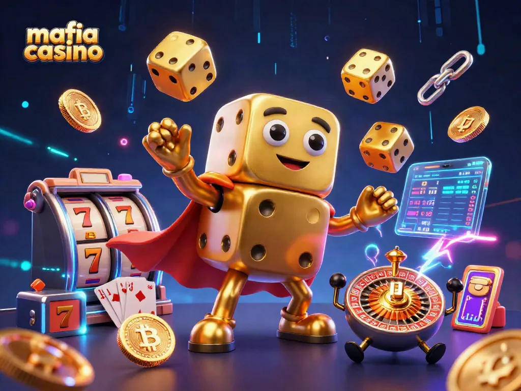 Mafia casino golden dice golem creates excitement by juggling dice amidst vibrant gaming elements.