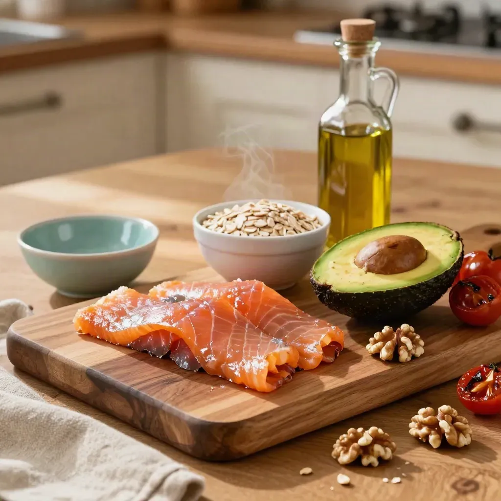 Colazione sana con salmone, avocado, noci, pomodori, avena e olio su legno.