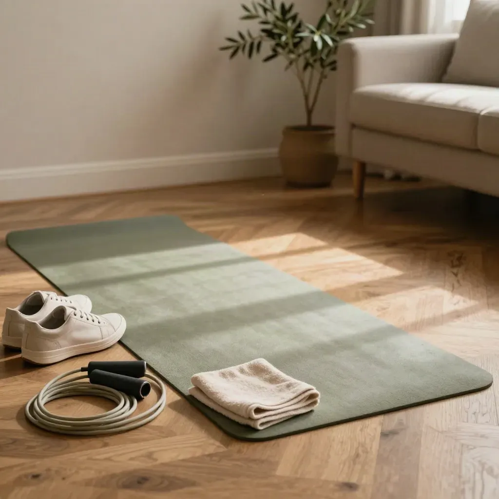 Angolo salotto con tappetino yoga, scarpe da ginnastica, corda e asciugamano in luce mattutina