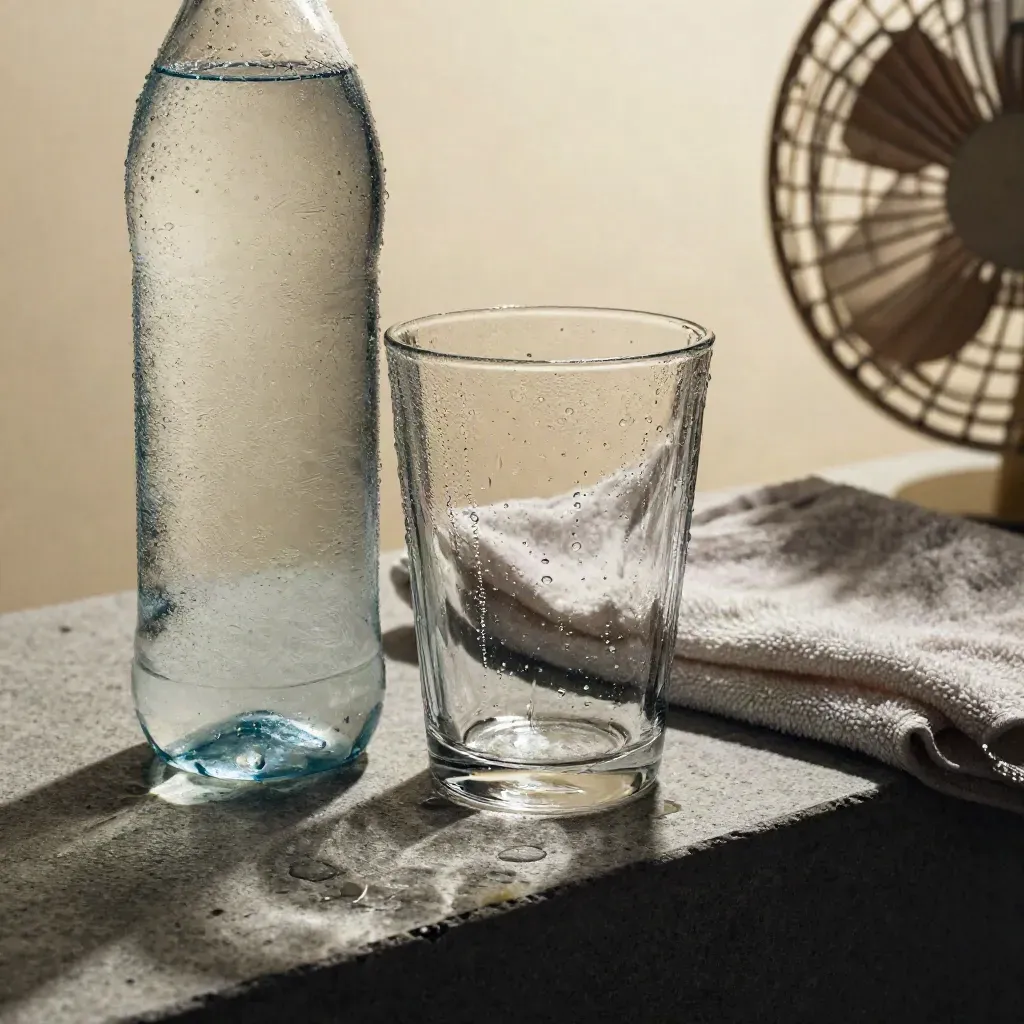 Bottiglia d’acqua fredda, bicchiere sudato, asciugamano piegato e ombra di ventola su davanzale di pietra.