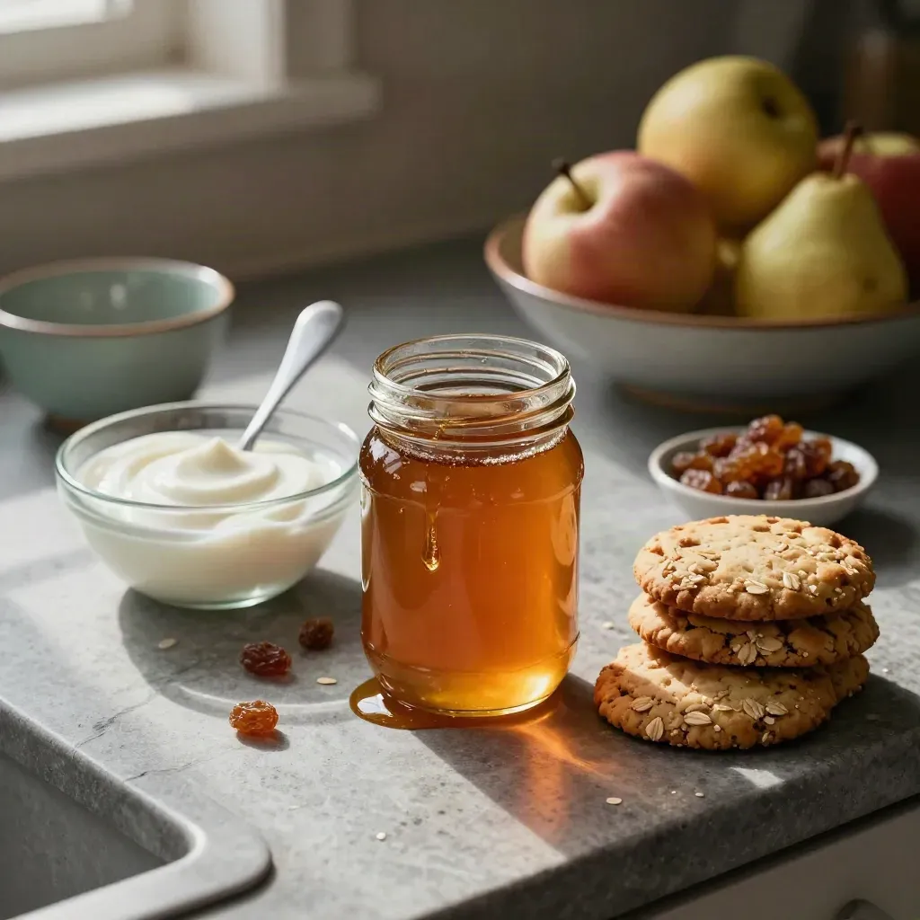 Barattolo di miele, yogurt, biscotti, uvetta e frutta su bancone in pietra