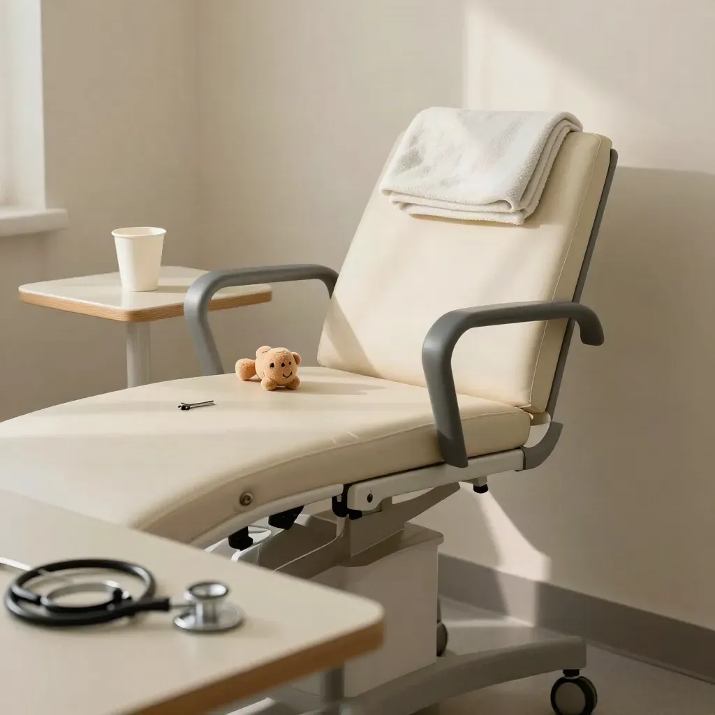 Stanza pediatrica vuota con stetoscopio bimbo, peluche, bicchiere e coperta su sedia.