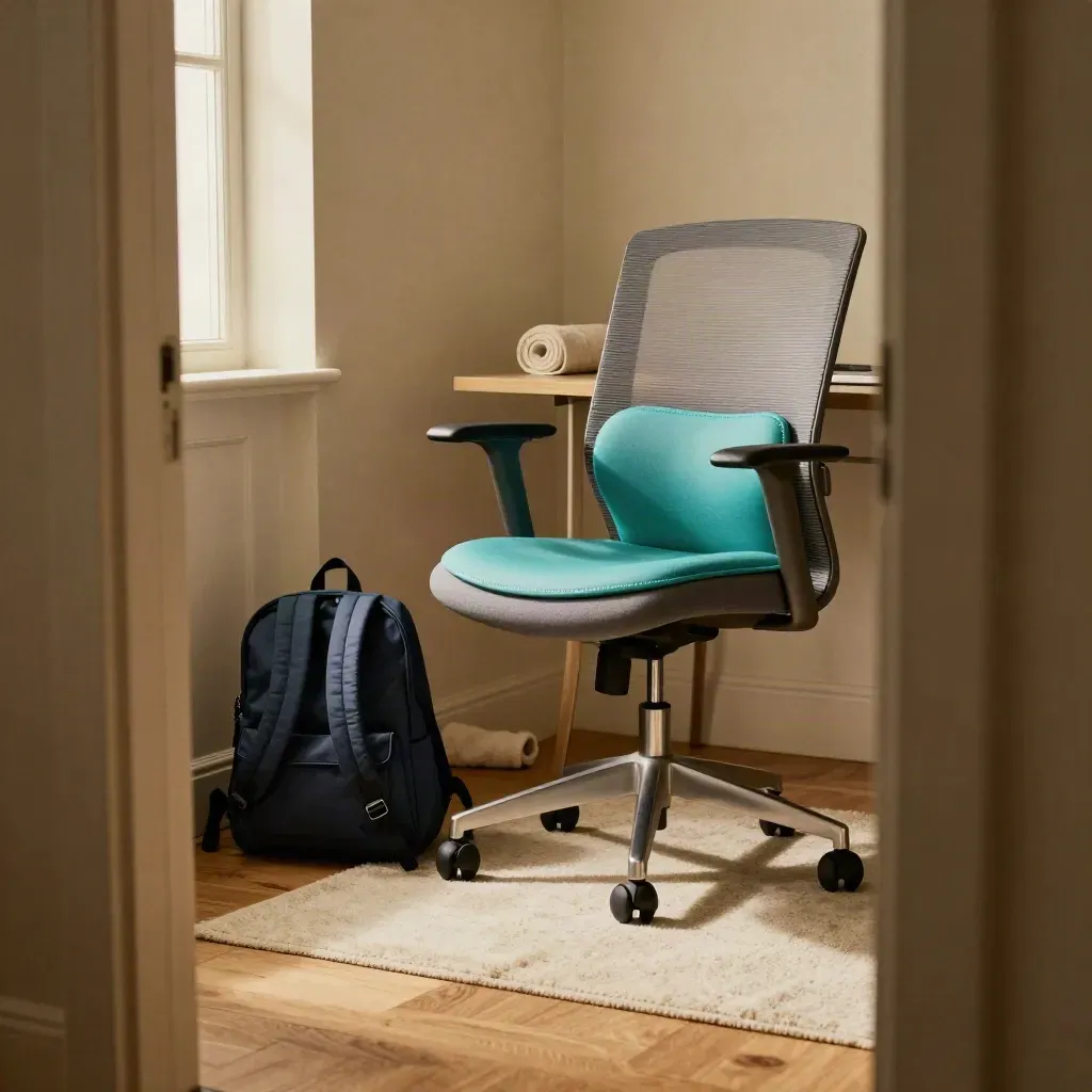 Angolo posturale con sedia ergonomica, zaino, cuscino lombare e asciugamano arrotolato alla luce calda.