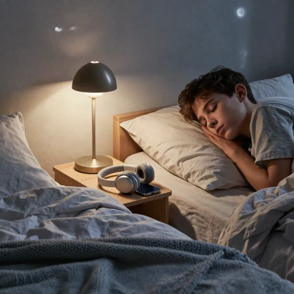 Comodino notturno con telefono a faccia in giù, lampada accesa, cuffie e letto sfatto.