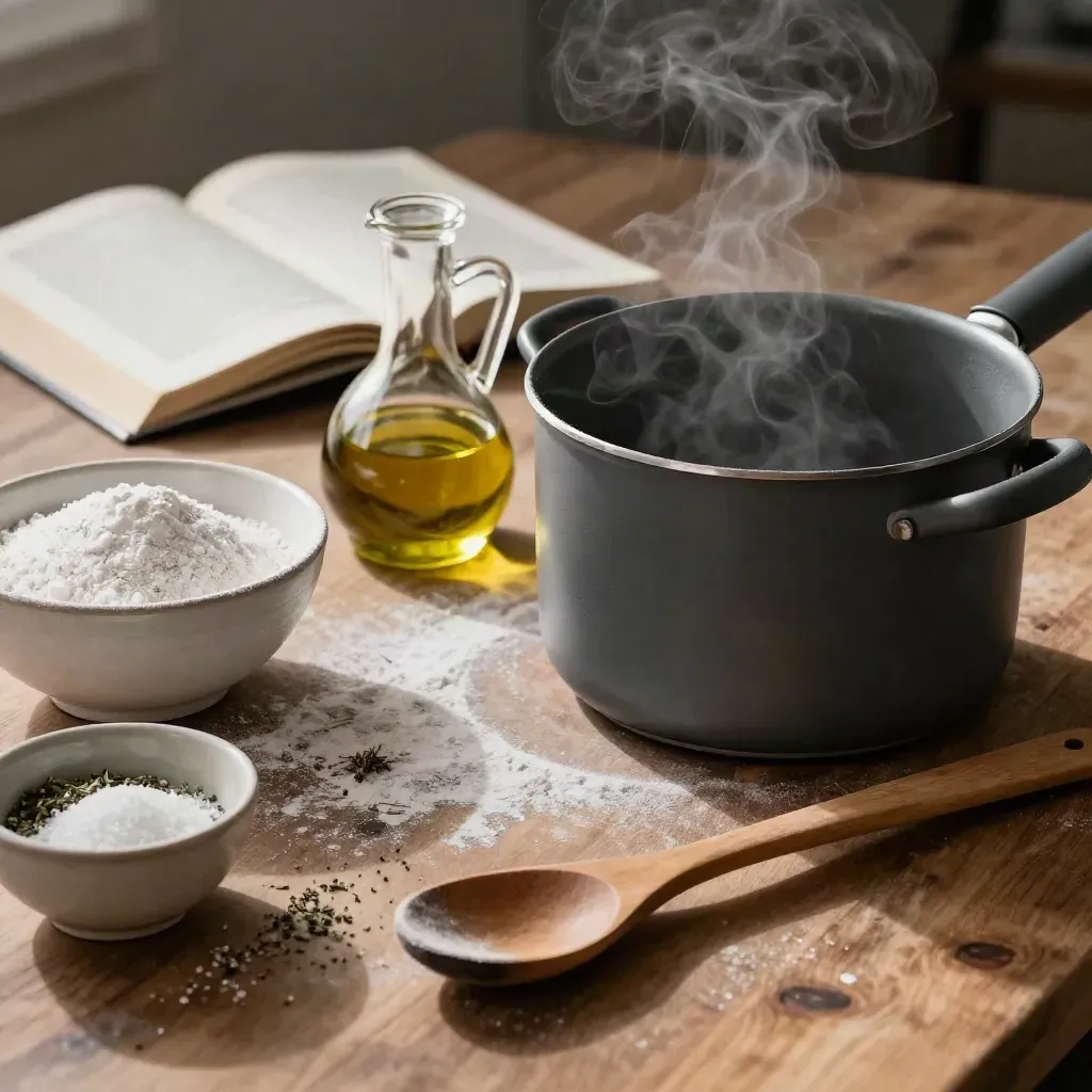 Ingredienti e cucchiaio davanti a un libro di ricette sfocato, in cucina, con luce calda.