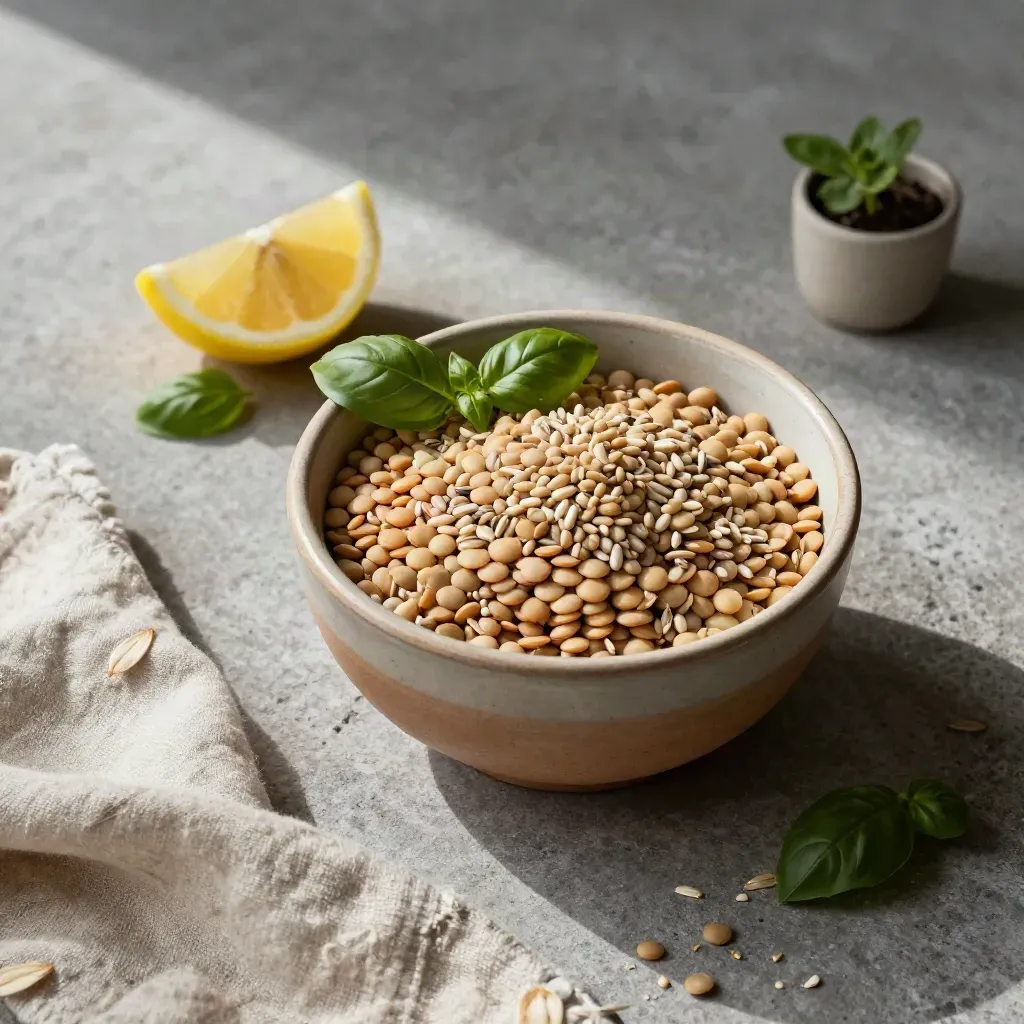 Bowl di lenticchie e cereali con limone, basilico, lino e piantina su pietra.