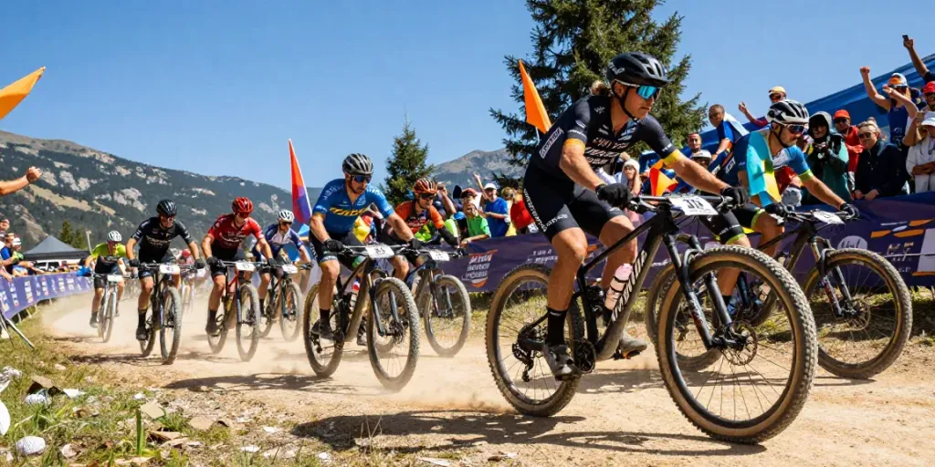 Cyclists racing at the 2026 MTB World Championships showcasing gare ciclismo, with scenic mountains in background.