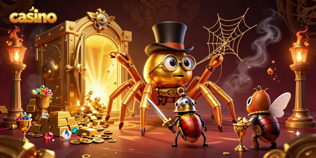 Engage with an exciting casino scene featuring a golden tarantula and a beetle knight amidst riches.